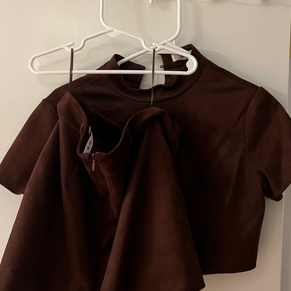 JW PEI | Grace Faux Suede Crop Top and Mini Skirt Set - Chocolate Brown - Picture 2 of 7